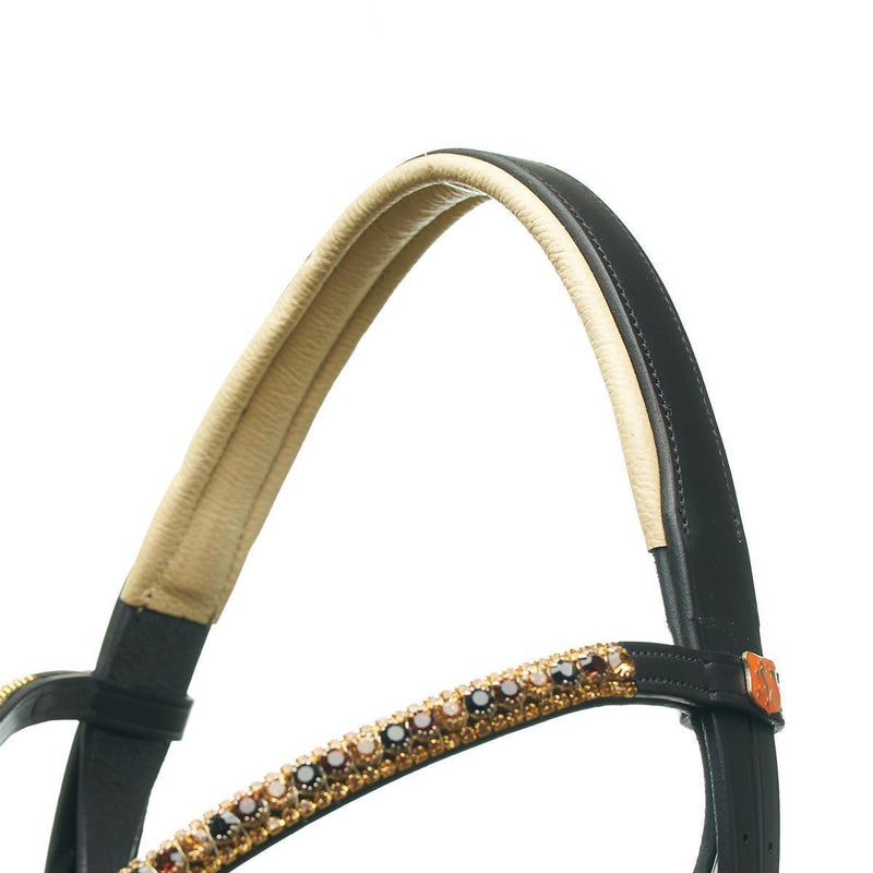 Horsecode Trense Diamond Deluxe Vollblut, Trensenzaum VB/ Cob ,Kroko Lack Reithalfter, weiß unterlegt, goldene Schnallen mit Zügeln und Strass Stirnriemen