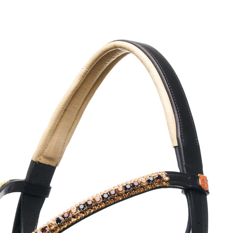 Horsecode Trense Diamond Deluxe Vollblut, Trensenzaum VB/ Cob ,Kroko Lack Reithalfter, weiß unterlegt, goldene Schnallen mit Zügeln und Strass Stirnriemen