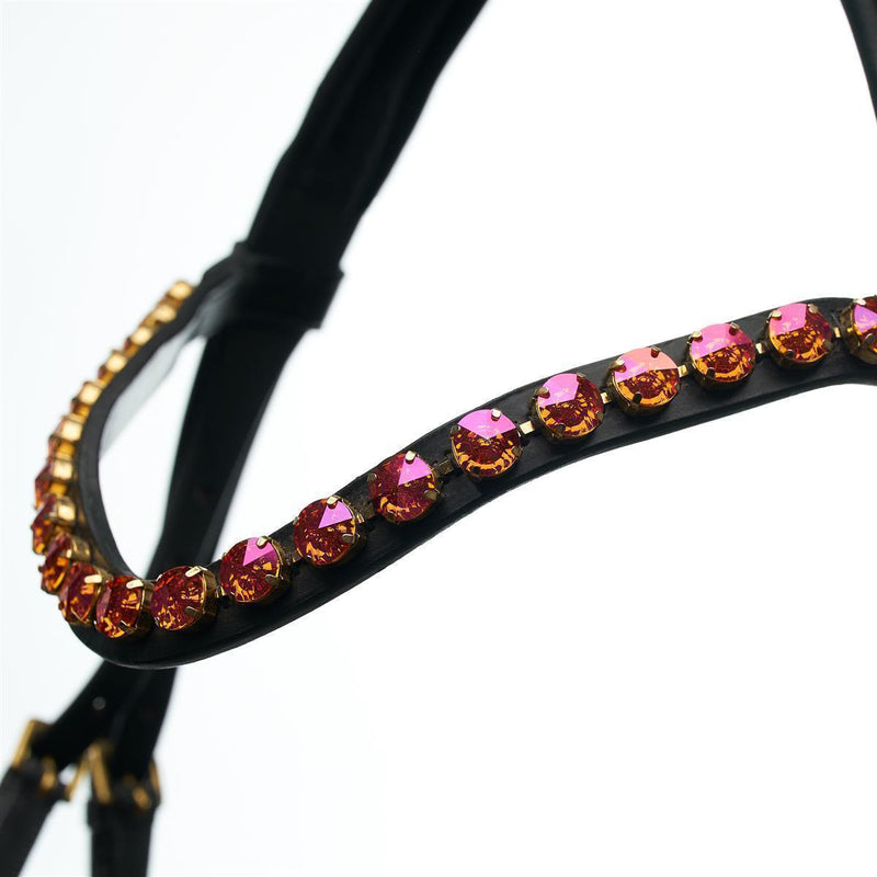 Horsecode Trense Pretty in Pink Kaltblut, schwarz braun Trensenzaum, goldene Schnallen mit Strass Steinen und Zügeln