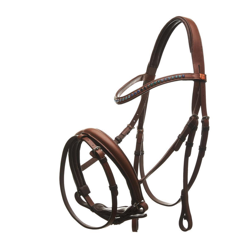 Horsecode Trense Caramel & Ocean Warmblut, Trensenzaum WB cognac farben,hellbraun mit Strass Steinen, braune Lederzügel