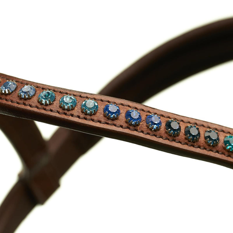Horsecode Trense Caramel & Ocean Warmblut, Trensenzaum WB cognac farben,hellbraun mit Strass Steinen, braune Lederzügel