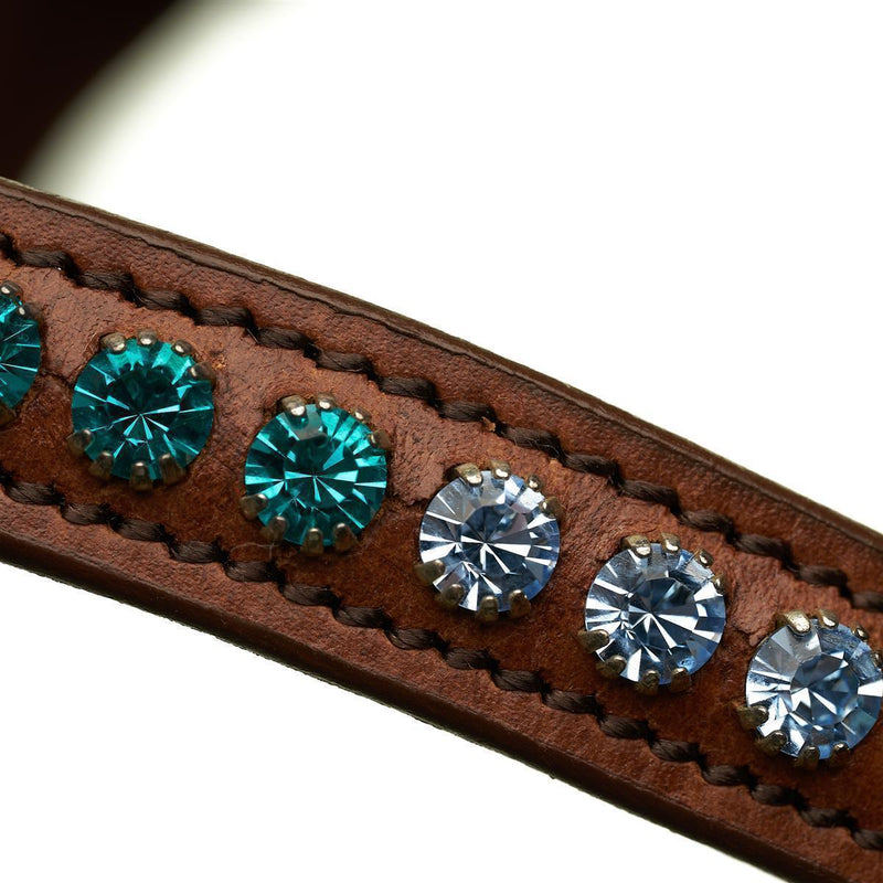 Horsecode Trense Caramel & Ocean Warmblut, Trensenzaum WB cognac farben,hellbraun mit Strass Steinen, braune Lederzügel