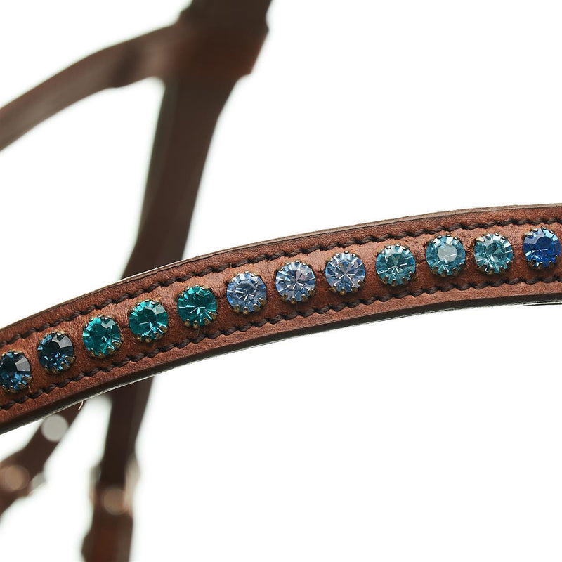 Horsecode Trense Caramel & Ocean Warmblut, Trensenzaum WB cognac farben,hellbraun mit Strass Steinen, braune Lederzügel