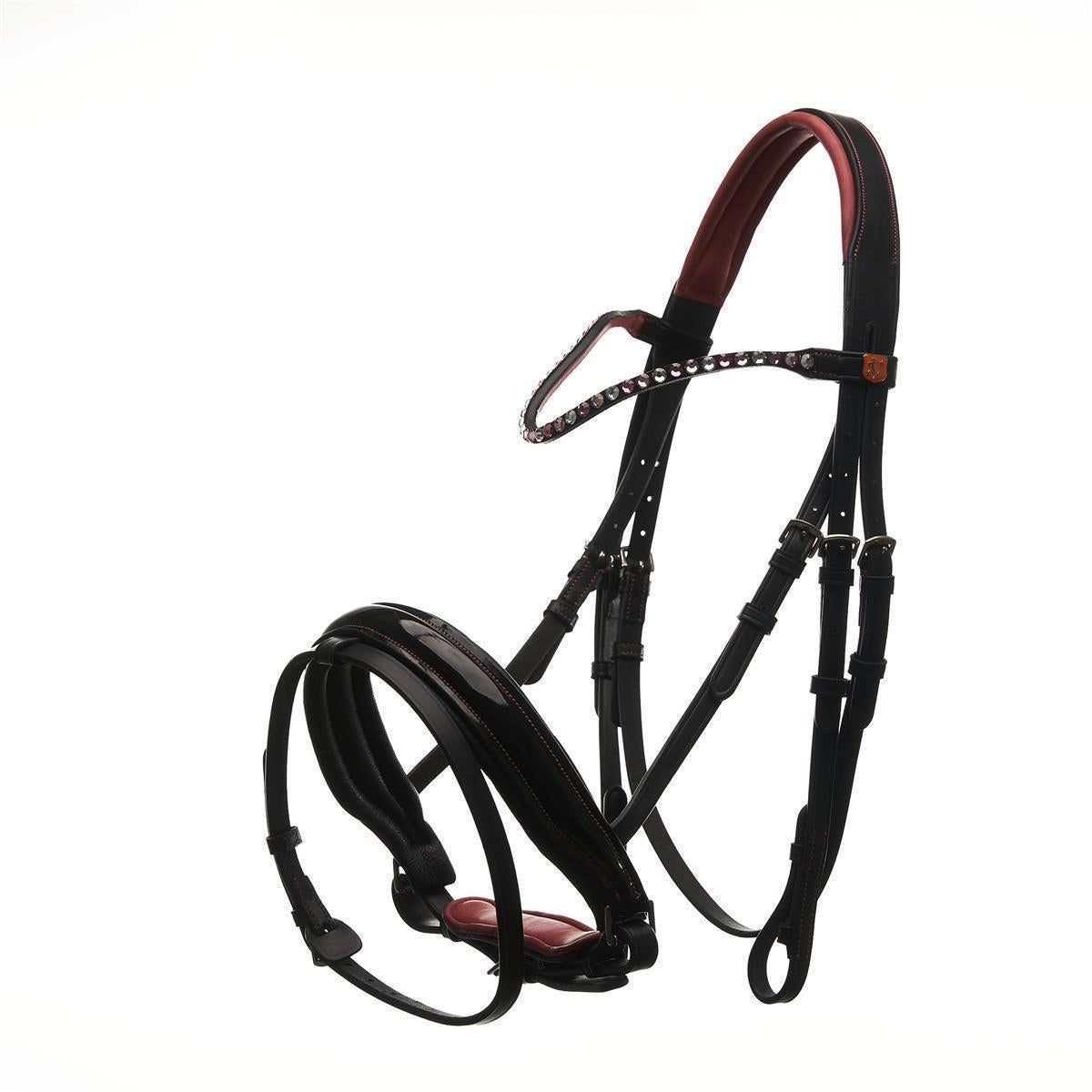 Trense Bubble Berry Vollblut – Schwarzes Leder Mit Beerenrotem Polster, Strasssteinen & Schwedischem Reithalfter