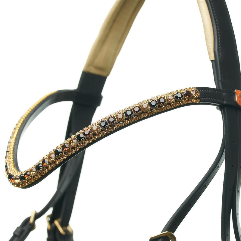 Horsecode Trense Diamond Deluxe Vollblut, Trensenzaum VB/ Cob ,Kroko Lack Reithalfter, weiß unterlegt, goldene Schnallen mit Zügeln und Strass Stirnriemen